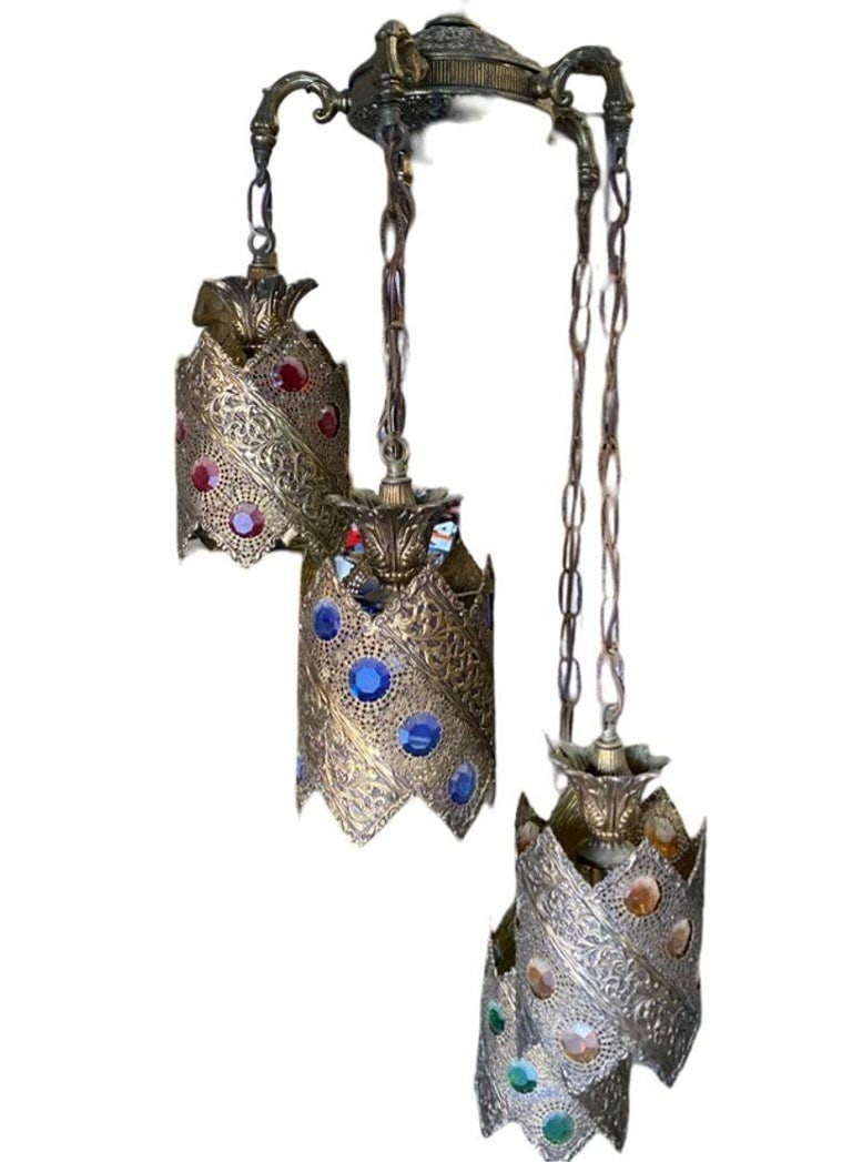 Hollywood Regency Jewel Prisms Filigree 5 Light Hanging Chandelier, Circa 1950 - 3