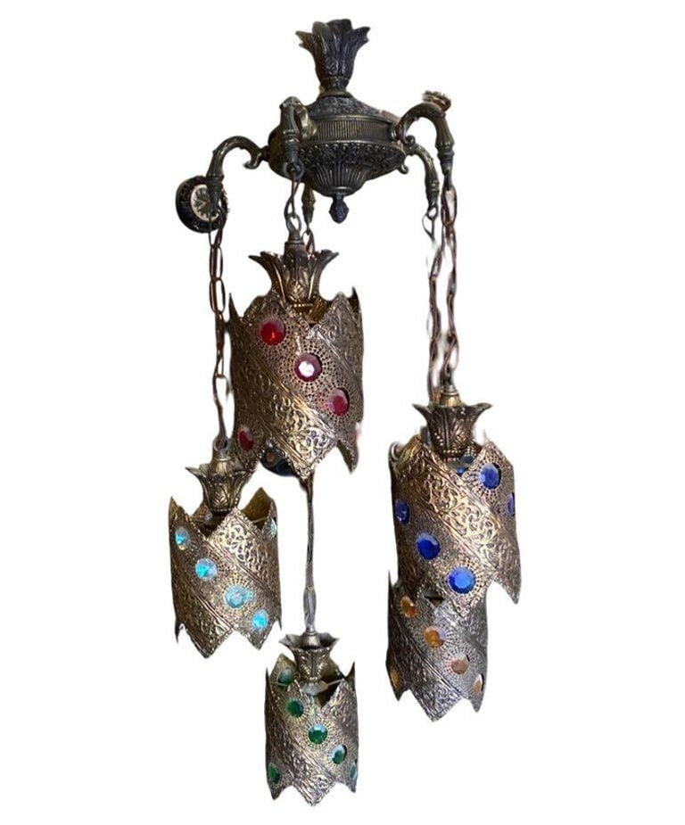 Hollywood Regency Jewel Prisms Filigree 5 Light Hanging Chandelier, Circa 1950 - 4