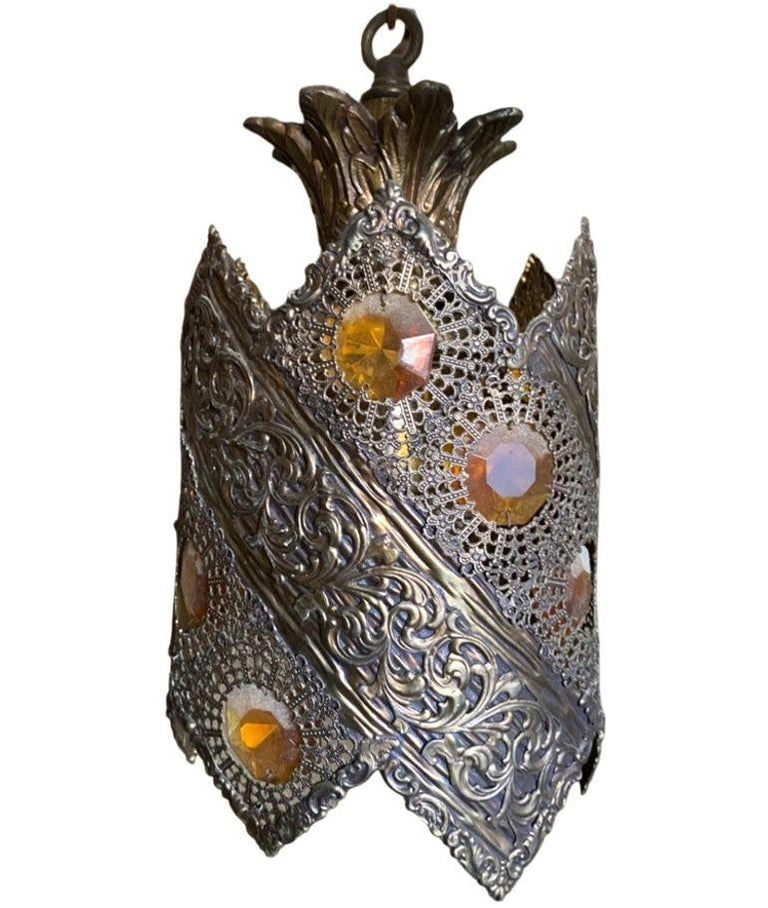 Hollywood Regency Jewel Prisms Filigree 5 Light Hanging Chandelier, Circa 1950 - 8