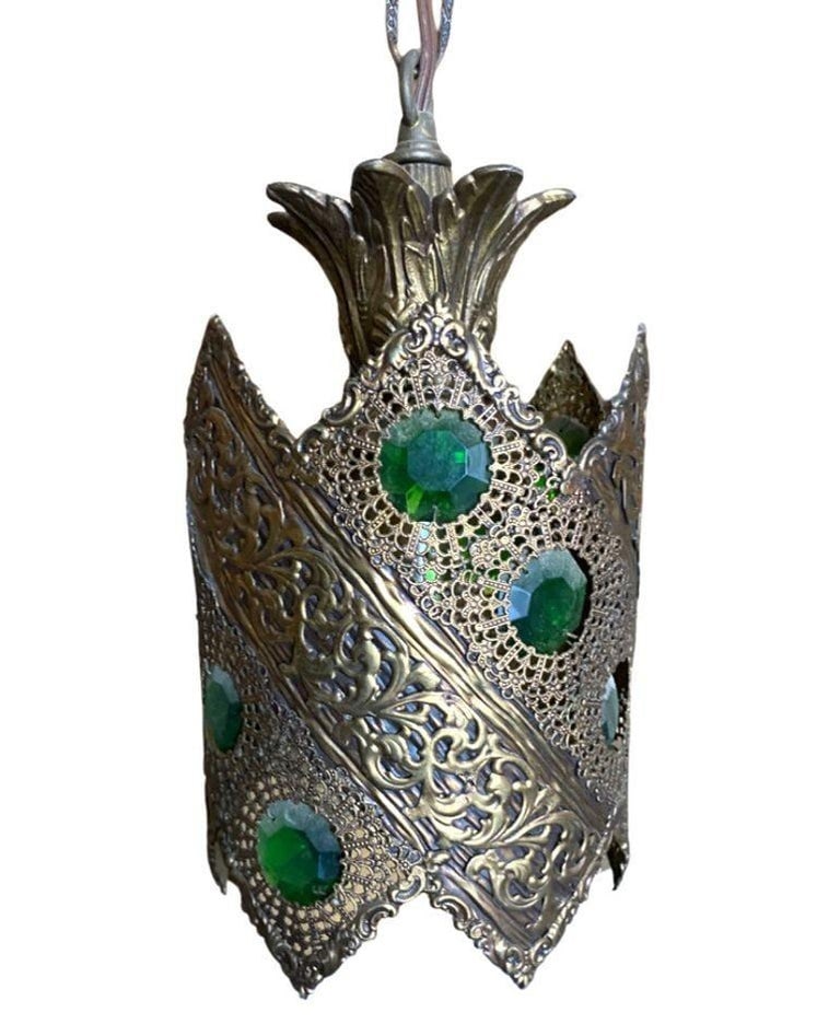 Hollywood Regency Jewel Prisms Filigree 5 Light Hanging Chandelier, Circa 1950 - 9