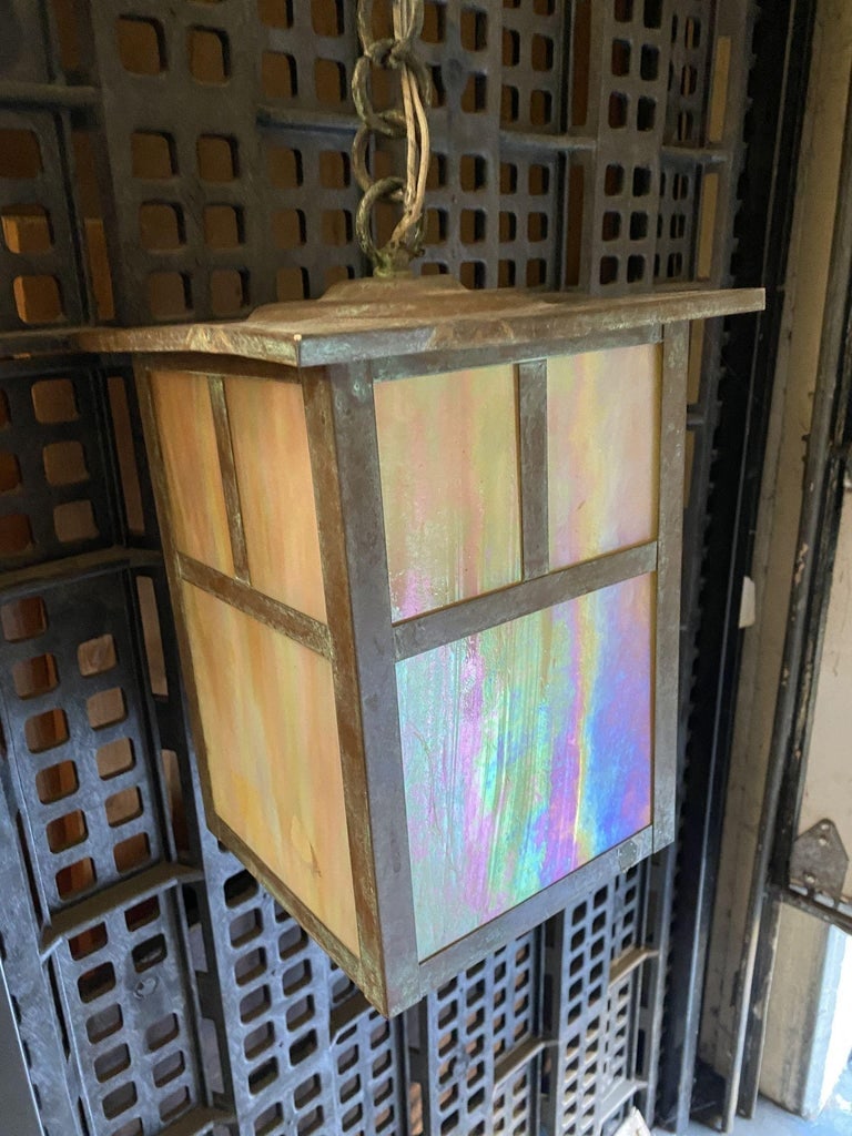 Arts and Crafts Bronze Sconce on Chain w/ Iridescent Art Glass Shade - 5