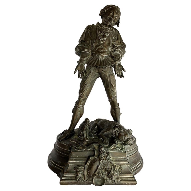 Victorian Bronze Jester Sculpture by After Alfred Barye, France 1860: Alfred Barye was a French artist known for his meticulously detailed bronze sculptures of the Belle Époque featured in this listing. The standing figure with a dog and monkey at his feet. Born on