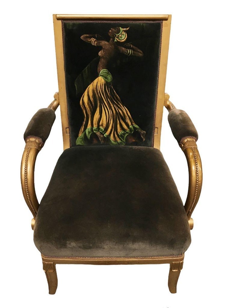 Vintage Velvet Upholstered Gorgeous Armchair with a Painted Dancer on the Back - 3