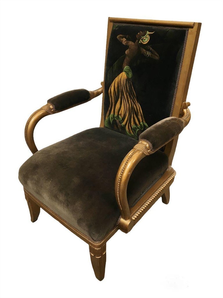Vintage Velvet Upholstered Gorgeous Armchair with a Painted Dancer on the Back - 4