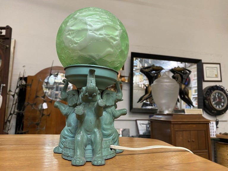 Art Deco Spelter Metal Elephant Lamp with Crackle Shade by A.P.T. NY - 11