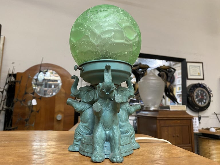 Art Deco Spelter Metal Elephant Lamp with Crackle Shade by A.P.T. NY - 12