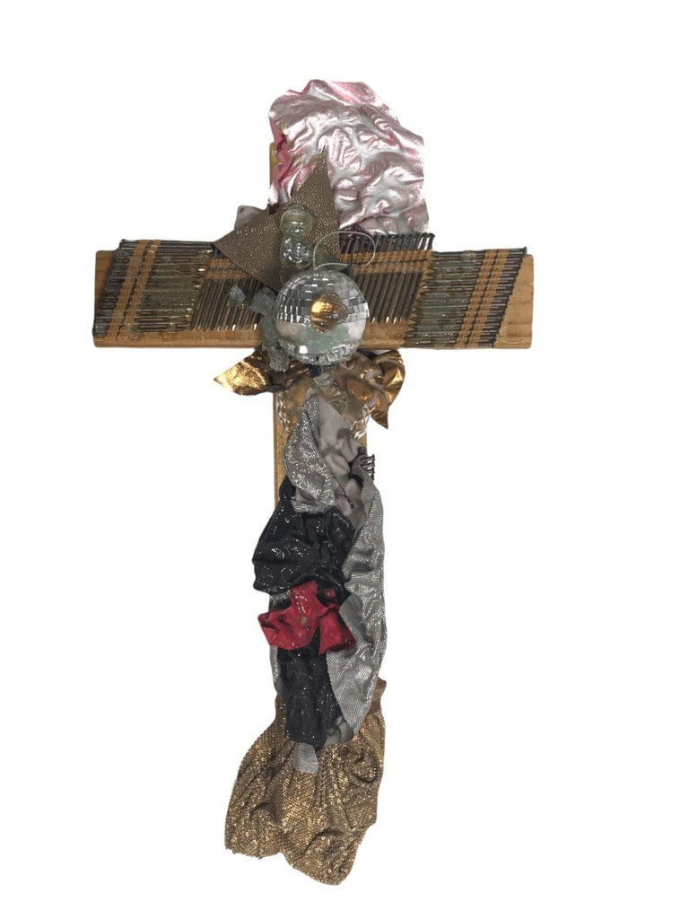 Vintage Flat Wood Cross with Mixed Media Decorations - 3
