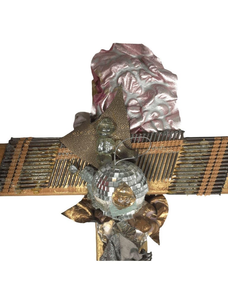 Vintage Flat Wood Cross with Mixed Media Decorations - 4