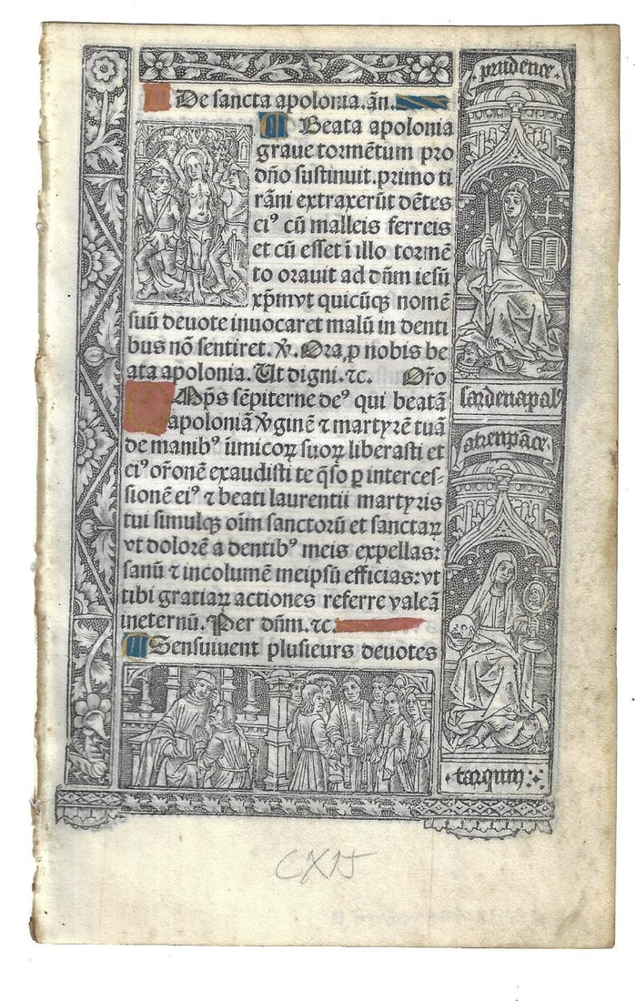 1502 Illustrated Renaissance Illuminated Vellum Book of Hours Leaf: Title: 1502 Illustrated Renaissance Illuminated Vellum Book of Hours Leaf Description: A leaf from a Book of Hours printed at Paris by Philippe Pigouchet for Simon Vostre, 1502. On vellum with