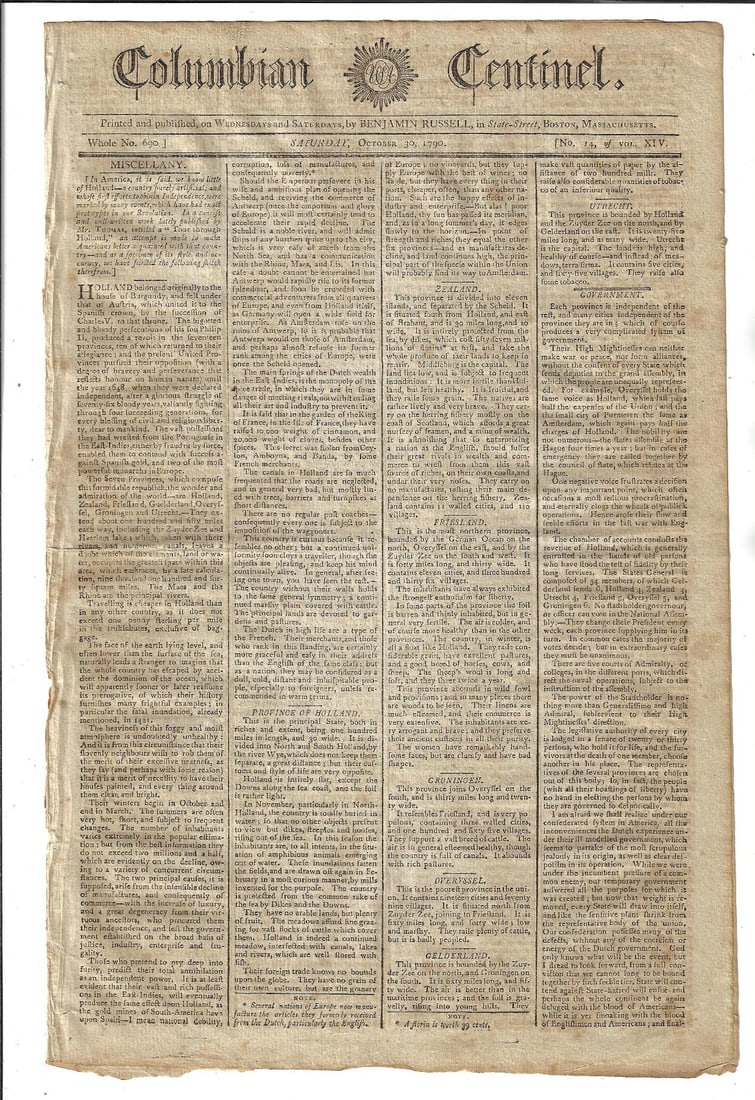 1790 Boston Newspaper Boxing Florida: Title: 1790 Boston Newspaper Boxing Florida Description: The October 30 1790 issue of the Columbian Centinel, printed at Boston by Benjamin Russell 4 pages complete. Interesting content in this issue 