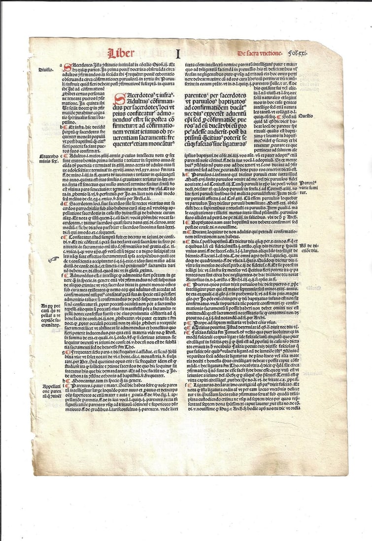 1501 Leaf Large Red and Black Canterbury Laws: Title: 1501 Leaf Large Red and Black Canterbury Laws Description: A leaf from "Provinciale Seu Constitutiones Anglie", by William Lyndewood, printed at Paris by Andre Bocard in 1501. In red and black 