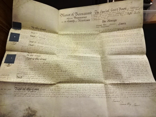 1836 Large English Vellum Manuscript Brownswood: Title: 1836 Large English Vellum Manuscript Brownswood Description: A large English vellum manor document from the manor of Brownswood in Middlesex being the admittance of Walter Long, Esquire. Blue