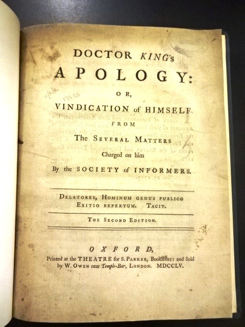 1755 Doctor Kings Apology Society of Informers: Title: 1755 Doctor Kings Apology Society of Informers Description: "Doctor King's Apology or Vindication of Himself from the Several Matters Charged on him by the Society of Informers", by William Kin
