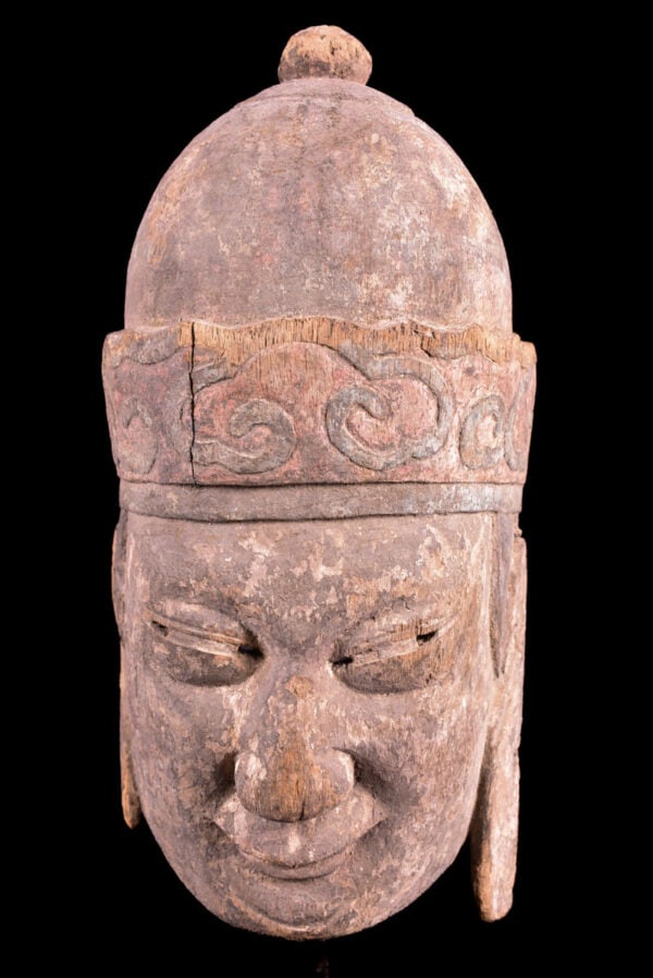 Bodhisattva Mask - Wood - Nepal: Such masks are among the most primitive in use in the world, and are made by carving wood. The shaman plays an important social role as the channeler of spirits for healing, purification, and