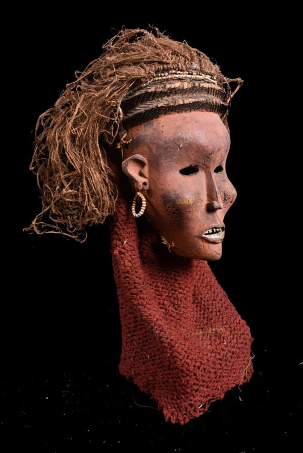 Mask - Wood, Raphia - Lwena - Angola: Beautifull aged Lwena mask from Angola. As with the neighboring Chokwe people, Lwena masks representing ideal young female beauty, Mwano Pwo, were danced with male counterparts, Chihongo, during