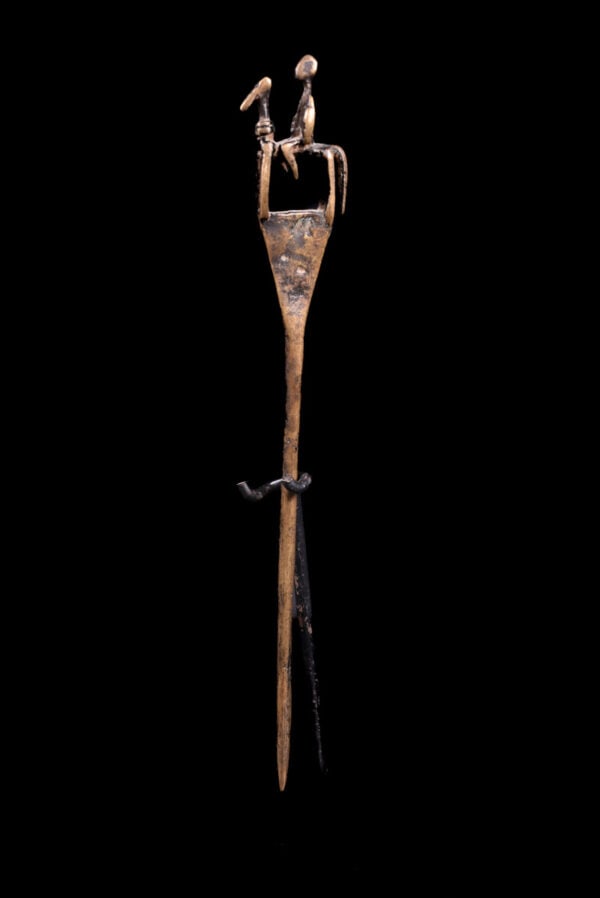 Equestrian Figure / Hairpin - Bronze - Dogon - Mali: Beautiful bronze equestrian figure / hairpin from the Dogon tribe of Mali. Equestrian figures express status, prestige, and power. They bring honor to the ancestors. Although rare, horsemen as an