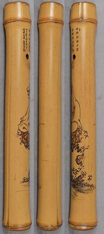 1910s bamboo Japanese pipe case Goddess KANNON signed - 2