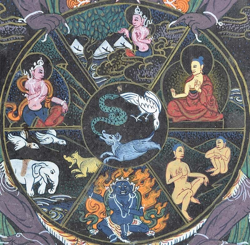 1910s Tibetan thangka on buffalo horn BHAVACHAKRA Samsara - 2