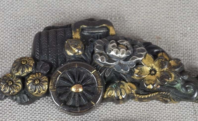 Pair 19c Japanese sword MENUKI procession carts & flowers - 2