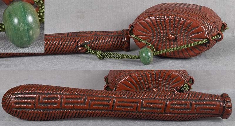 19c lacquered sagemono TOBACCO BOX, PIPE CASE OJIME - 3