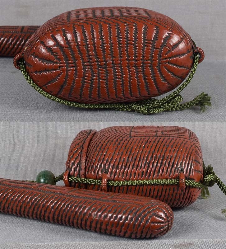 19c lacquered sagemono TOBACCO BOX, PIPE CASE OJIME - 4