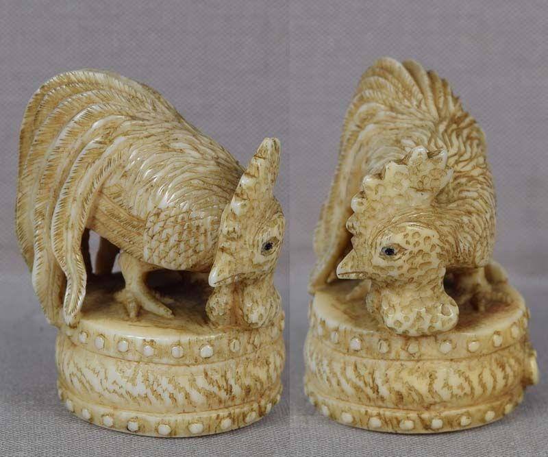 19c netsuke ROOSTER on DRUM by MASATOSHI - 2