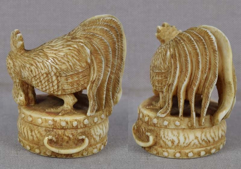 19c netsuke ROOSTER on DRUM by MASATOSHI - 3