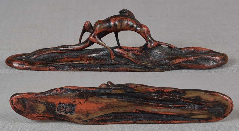 19c Japanese bronze SCROLL WEIGHT / brush rest RAIN DRAGON by TANIHIRO - 2