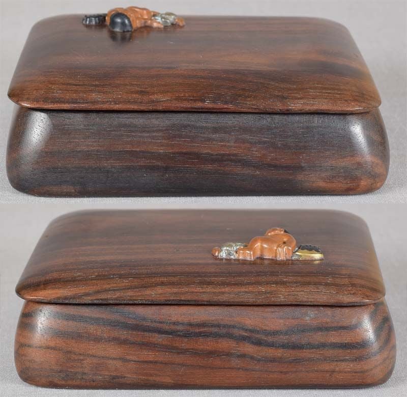 1910s Japanese persimmon wood BOX MULTIMETAL KINTARO & rabbit - 2
