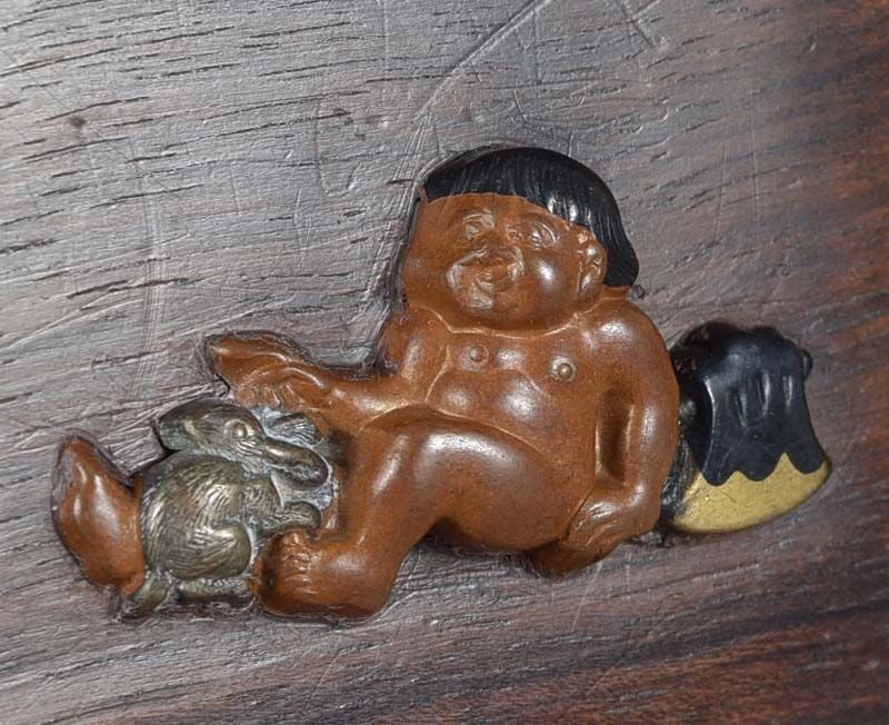 1910s Japanese persimmon wood BOX MULTIMETAL KINTARO & rabbit - 4