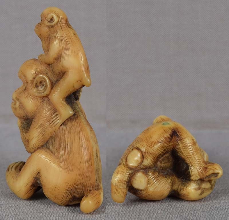 Early 19c netsuke MONKEY with young - 4
