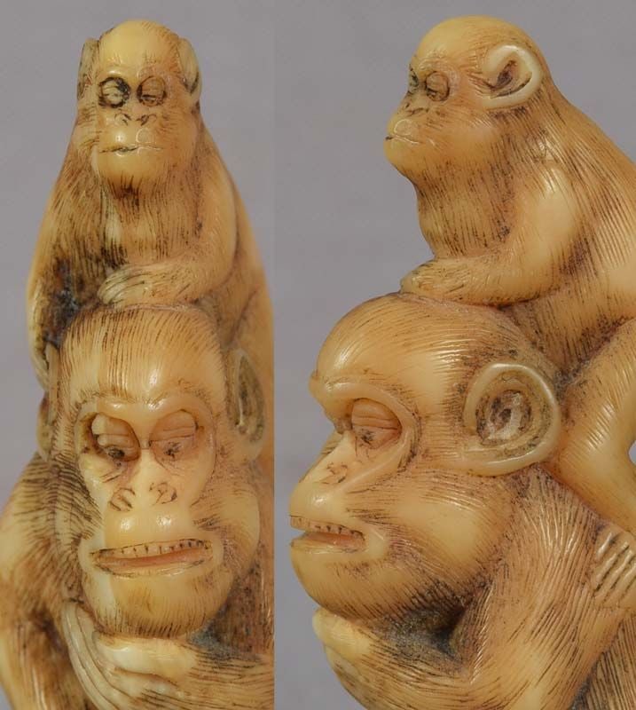 Early 19c netsuke MONKEY with young - 5