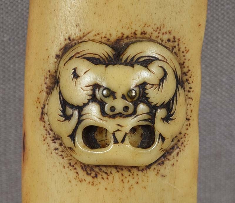 19c Japanese ASAKUSA KISERUZUTSU Japanese pipe case SHISHI MASK - 3