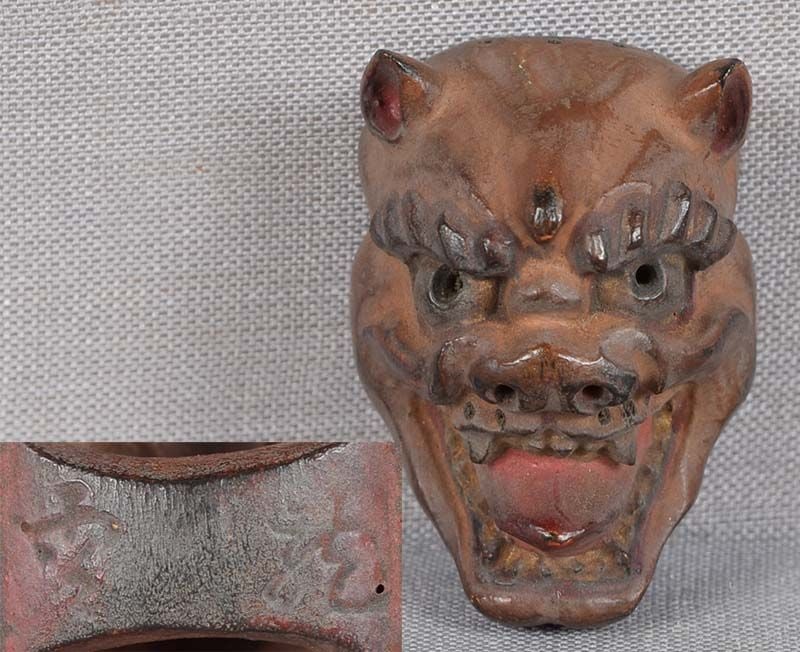 19c netsuke MASK SHISHIGUCHI by RYUUN: 19th century Japanese small lacquered wood netsuke representing a theatrical mask of Shishiguchi representing the spirit of shishi with characteristic tusks, most frequently used for the Noh play