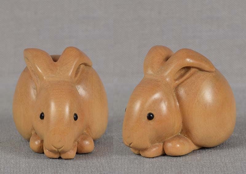 19c netsuke crouching Zodiac RABBIT by KACHU - 3