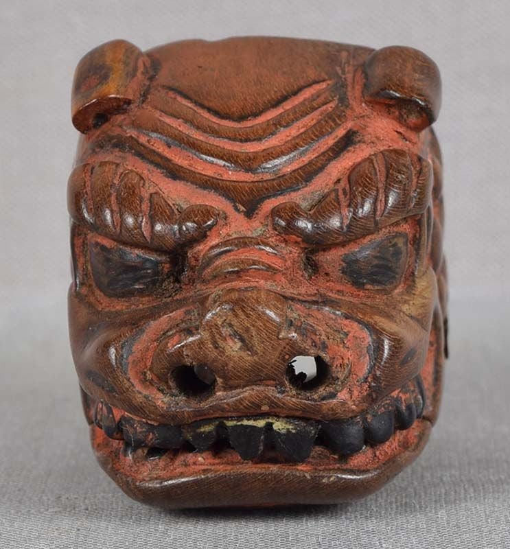 Early 19c netsuke SHISHIMAI MASK moveable jaw - 2