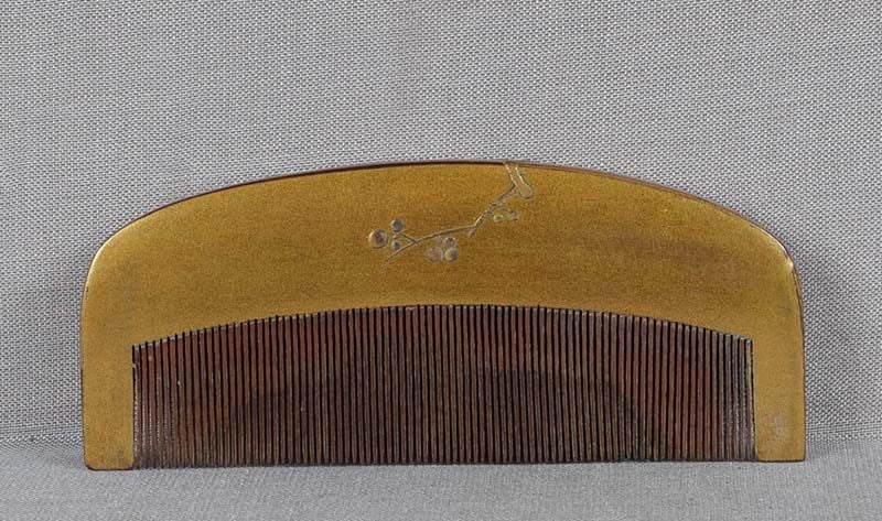 19c Japanese lacquer KUSHI hair COMB bird & prunus tree - 2