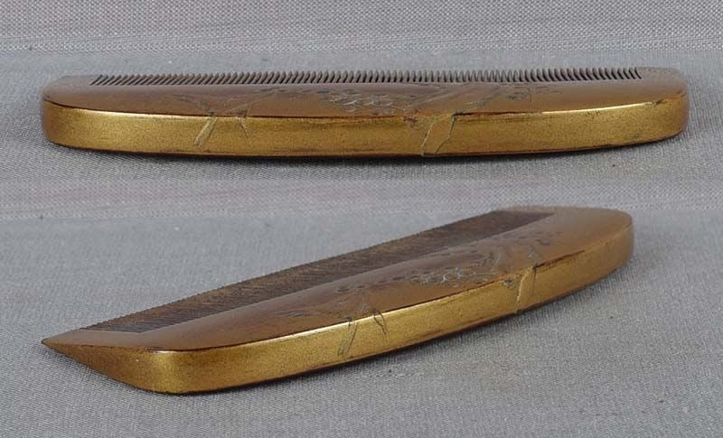 19c Japanese lacquer KUSHI hair COMB bird & prunus tree - 3