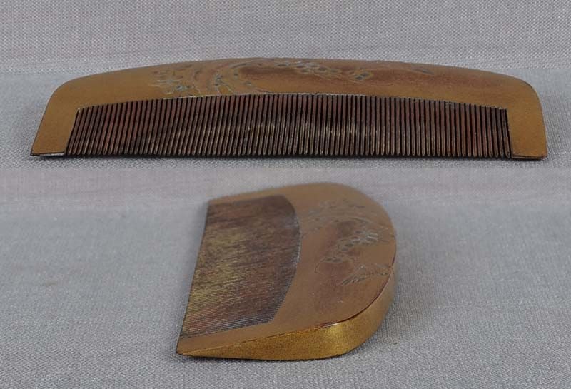 19c Japanese lacquer KUSHI hair COMB bird & prunus tree - 4