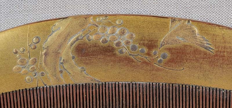 19c Japanese lacquer KUSHI hair COMB bird & prunus tree - 5