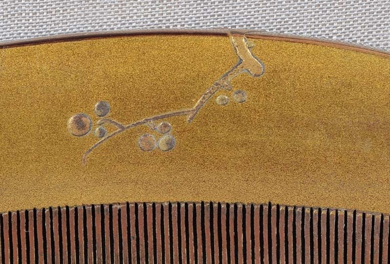 19c Japanese lacquer KUSHI hair COMB bird & prunus tree - 6