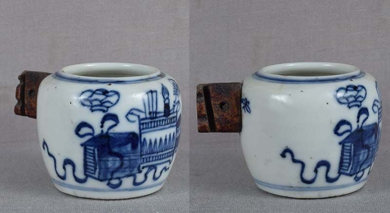19c Chinese porcelain bird cage BIRD FEEDER / water cup SCHOLAR OBJECT - 2