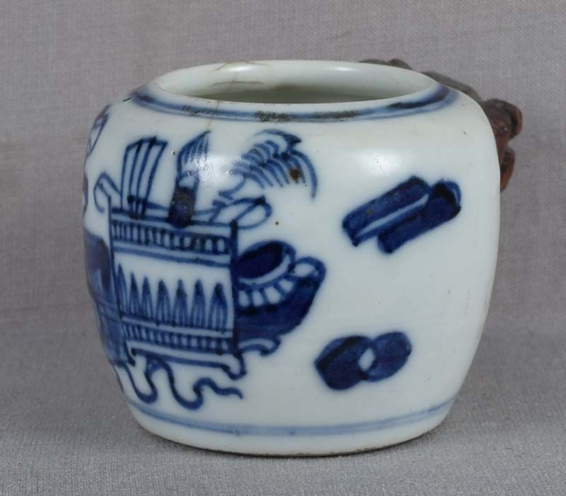 19c Chinese porcelain bird cage BIRD FEEDER / water cup SCHOLAR OBJECT - 5