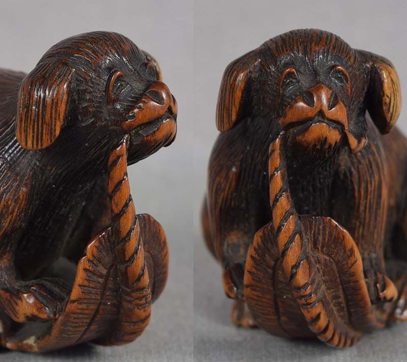19c netsuke PUPPY chewing sandal by TADAKAZU - 2