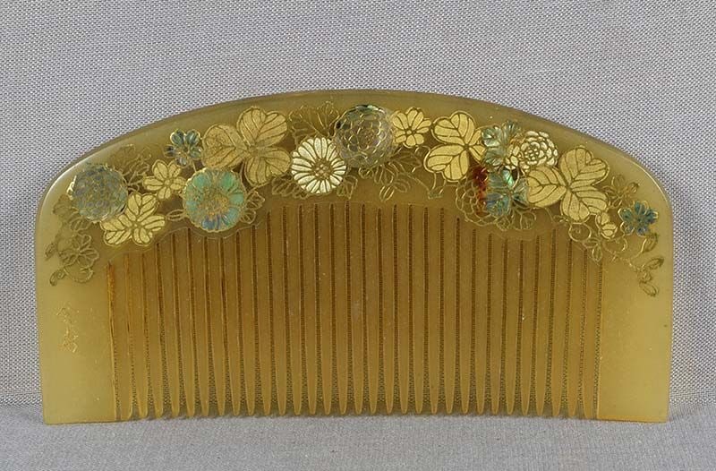 19c Japanese horn KUSHI hair COMB flowers mother of pearl by YOSAI - 2