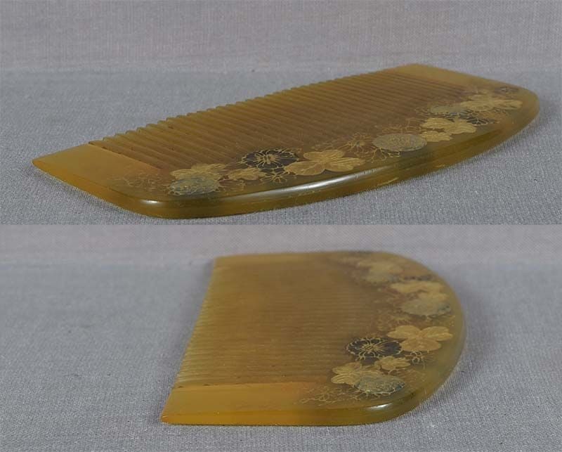19c Japanese horn KUSHI hair COMB flowers mother of pearl by YOSAI - 3