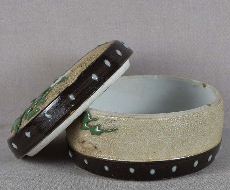 19c Japanese ceramic DRUM BOX moriage grasses tea ceremony - 2
