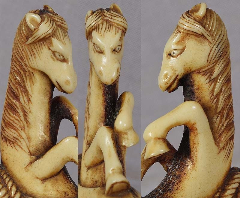 19c staghorn netsuke Chokwaro Sennin HORSE with gourd - 3