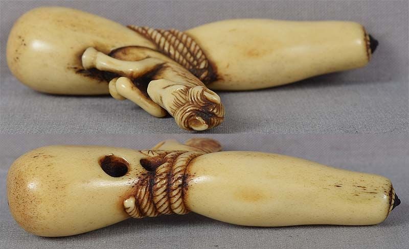 19c staghorn netsuke Chokwaro Sennin HORSE with gourd - 4
