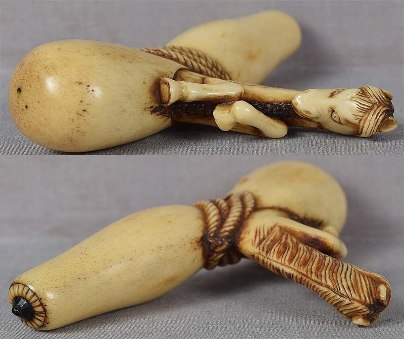19c staghorn netsuke Chokwaro Sennin HORSE with gourd - 5